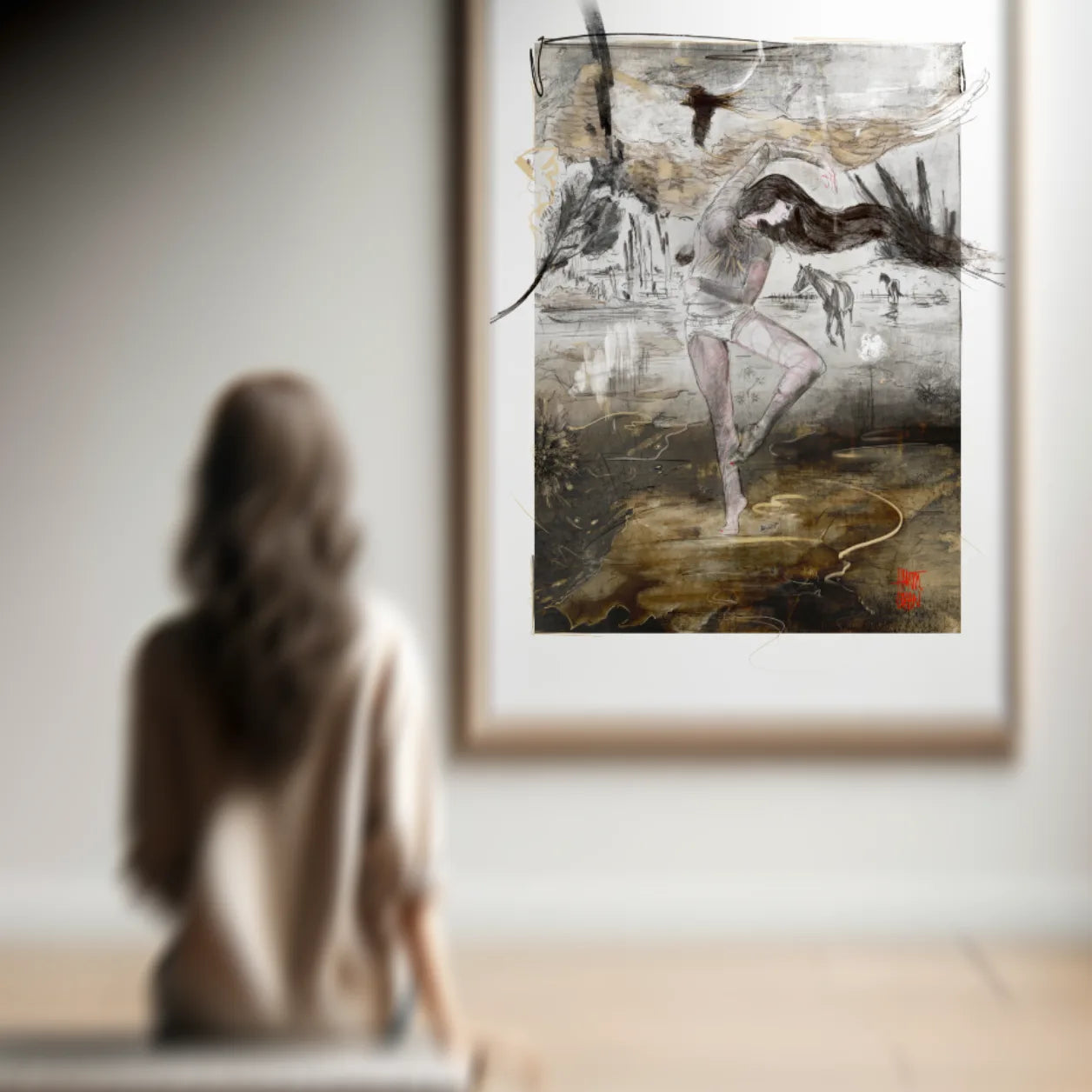 woman sitting observing artwork that presents an evocative and layered scene blending elements of realism with abstract strokes. The central figure is a woman caught in a graceful, dance-like pose. Her form is sketched with care, revealing detailed line work and shading that gives her a tangible presence amidst the more chaotic surroundings. Her hair and clothing suggest movement, as if she's swaying to an unseen rhythm.